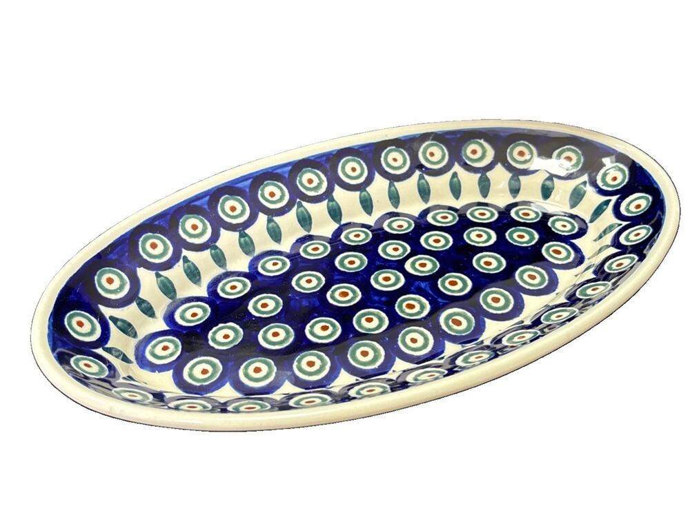 Polish Pottery Boleslawiec Oval Platter Blue Peacock 10.5” X 6”x1”Serving Dish